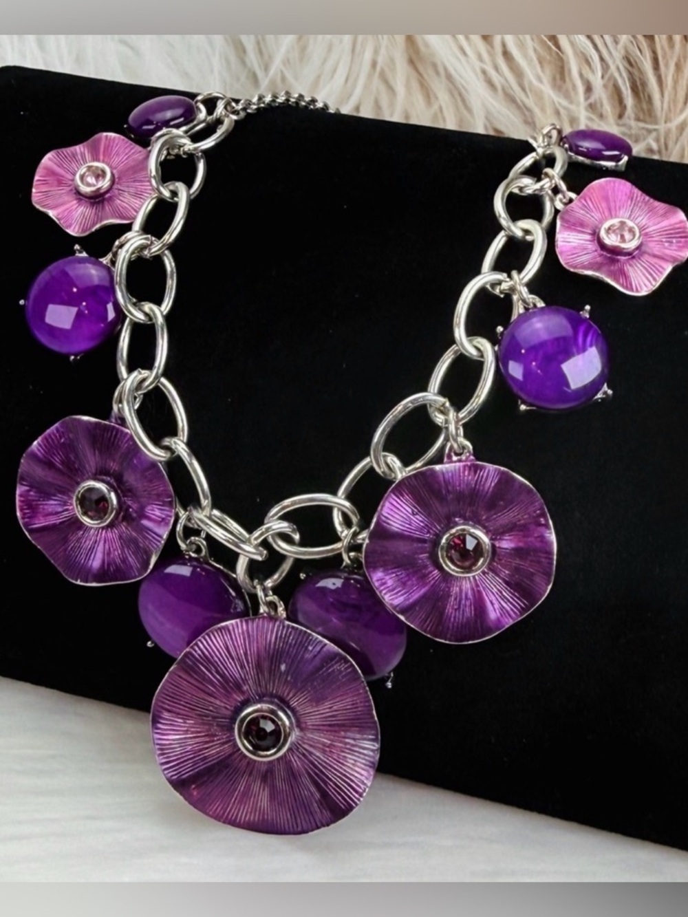 Vintage Silvertone and Purple Floral Statement Necklace
